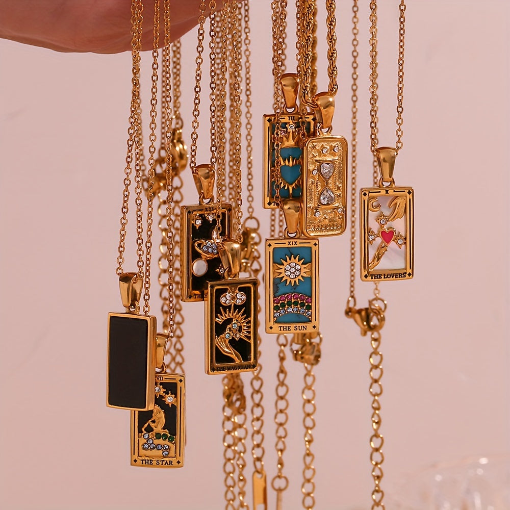 1pc Vintage Tarot Necklace with Sun Moon Heart World Card Pendants - Golden-Tone -Coated Astrology Symbols, Elegant Celestial Jewelry for Women, Casual Attire & Gift Idea, Zodiac Jewelry, Intricate Detailing, Bead Chain