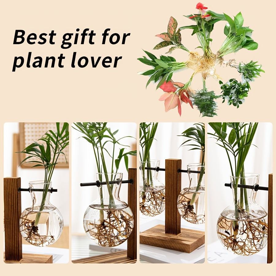 1/2pcs Hydroponic Glass Vintage Desktop Plant Terrarium Planter with Retro Wooden Stand for Water Planting Propagation and Home Garden