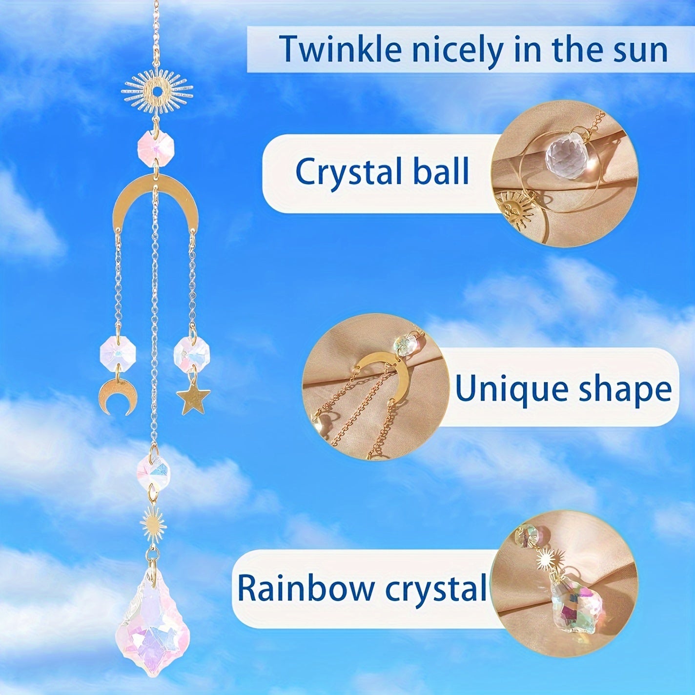6pcs Beautiful Crystal Prism Sun Catcher - With Sun, Star, Moon, Lotus, Leaf Window Ornament and Chain - Garden Rainbow Maker Hanging Wind Chimes for Wedding, Party, Brass Div Jewelry