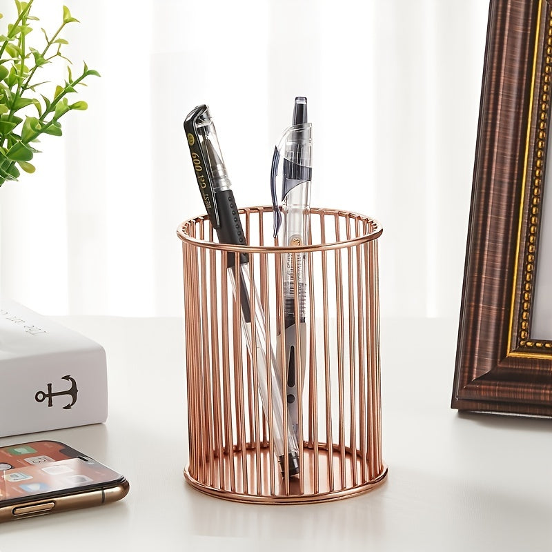 Upgrade Your Desk with This Stylish Golden Metal Pen Holder - Perfect for Home & Office Organization!