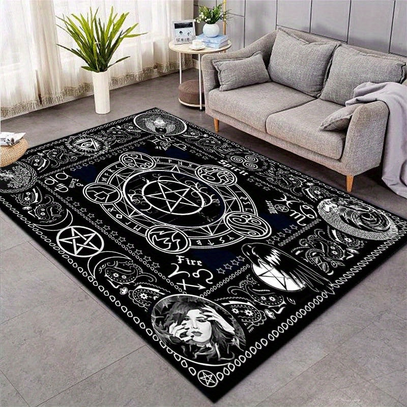 1pc 800g/m2 Crystal Velvet 3D Deaths Head Moth Witch Printed Rug Witchcraft Goth Pentacle Carpets For Living Room Bedroom Sofa, Porch Kitchen Bathroom Area Rug, Room Decoration