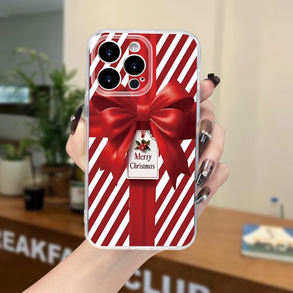 Christmas Bow Gift Box Simple Print Mobile Phone Case, Mobile Phone Case Suitable for iPhone 16/15/14/13/12/11/X/XR/XS/8/7/SE Mini Plus Pro Max Series Crystal Transparent Full Protection Mobile Phone Case