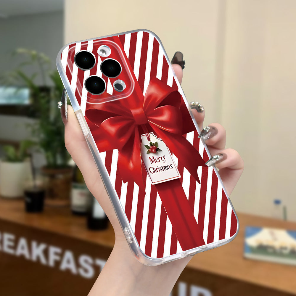 Christmas Bow Gift Box Simple Print Mobile Phone Case, Mobile Phone Case Suitable for iPhone 16/15/14/13/12/11/X/XR/XS/8/7/SE Mini Plus Pro Max Series Crystal Transparent Full Protection Mobile Phone Case