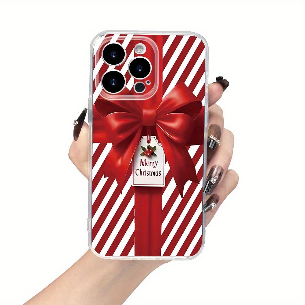 Christmas Bow Gift Box Simple Print Mobile Phone Case, Mobile Phone Case Suitable for iPhone 16/15/14/13/12/11/X/XR/XS/8/7/SE Mini Plus Pro Max Series Crystal Transparent Full Protection Mobile Phone Case