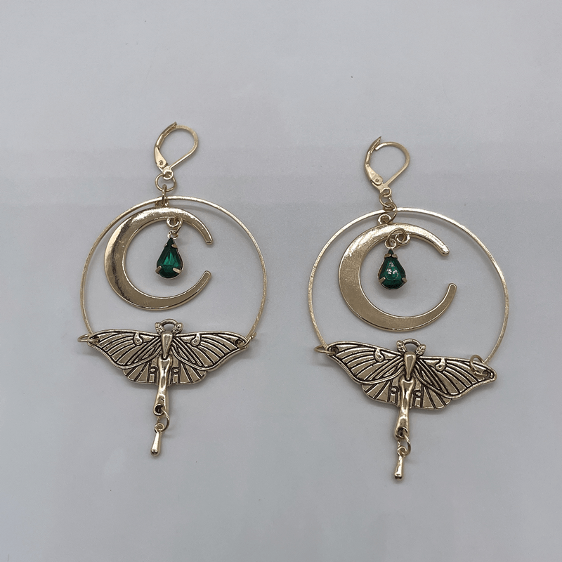 Hollow Circle With Moon Moth Decor Golden Dangle Earrings Retro Bohemian Style Alloy 18K Gold Plated Jewelry Trendy Female Gift
