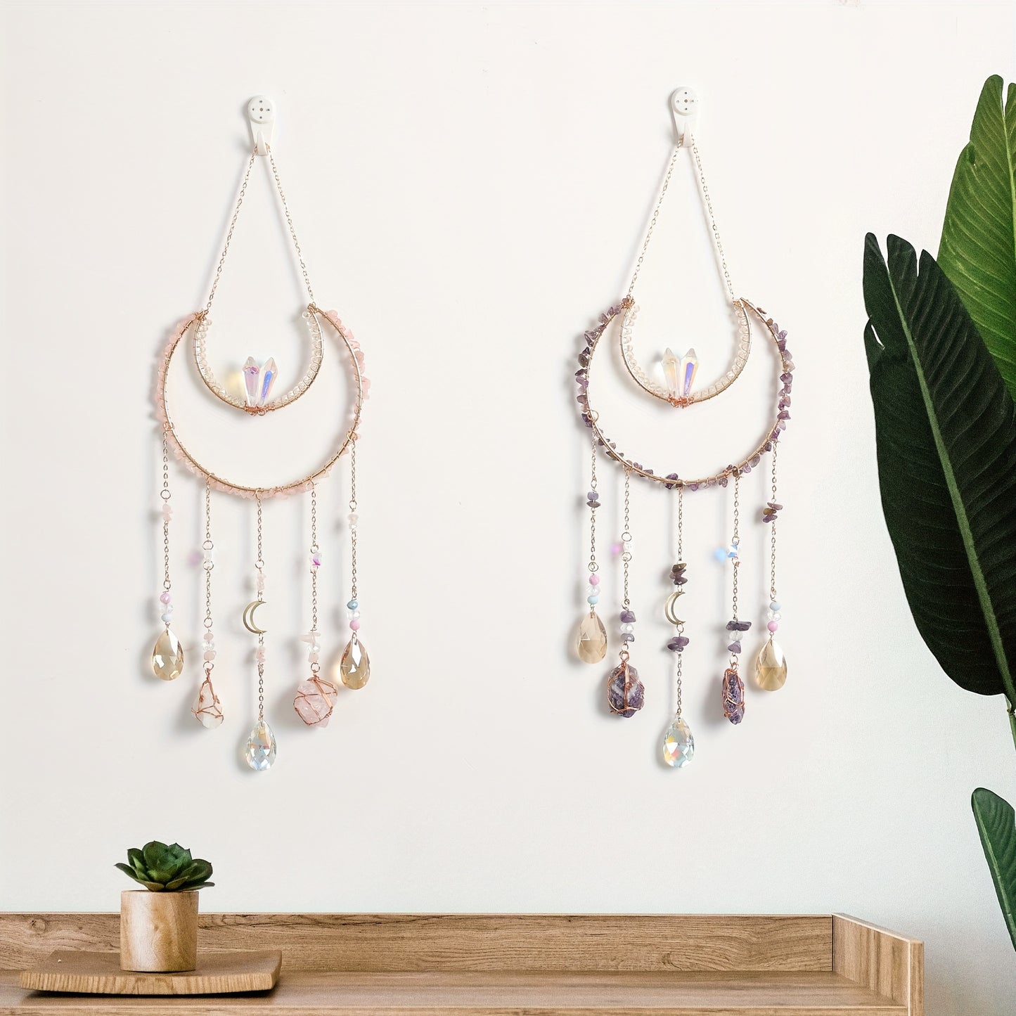 Bohemian Crystal Dream Catcher Sun Catcher Wall Hanging - Handmade Natural Crystal & Gemstone Wind Chimes with Rainbow Maker, Crescent Moon & Teardrop Pendants for Indoor/Outdoor Window Garden Decor, Christmas Wedding Birthda
