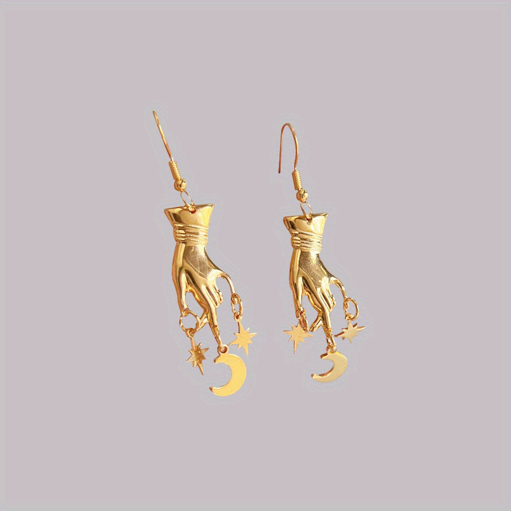 Bohemian Style Finger-Shaped Moon and Stars Pendant Earrings, Gothic Fashion Simple Party Gift, Iron Material with Iron Ear Needle, Non-Magnetic
