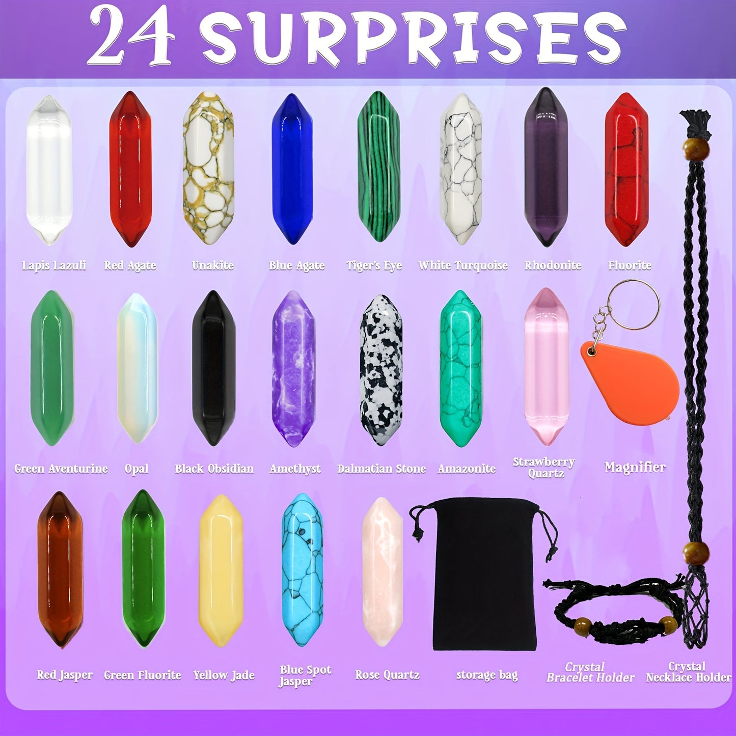 Advent Calendar 2023-24 Days of Crystals and Stones Kit with Crystal Necklace Holder, Magnifier, and Storage Bag - Christmas Countdown Gifts for Girls Boys Kids Adults and Teenagers