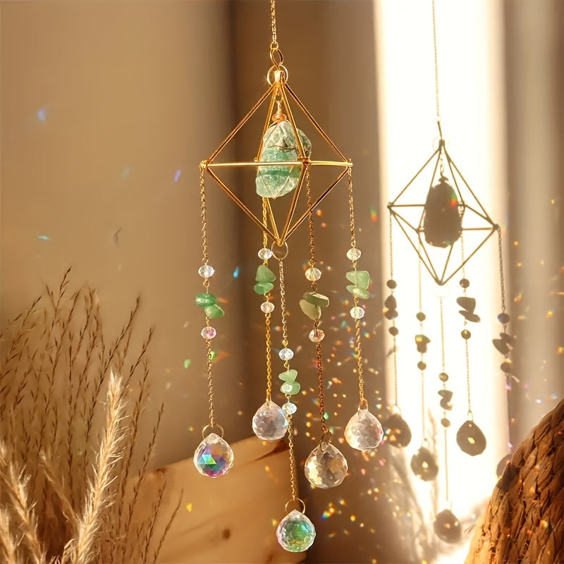 1pc Elegant Metal Sun Catcher with Natural Raw Stones, Crystal Prism Rainbow Maker Pendant for Wedding Decor, Indoor Window Room Garden Yard Ornament