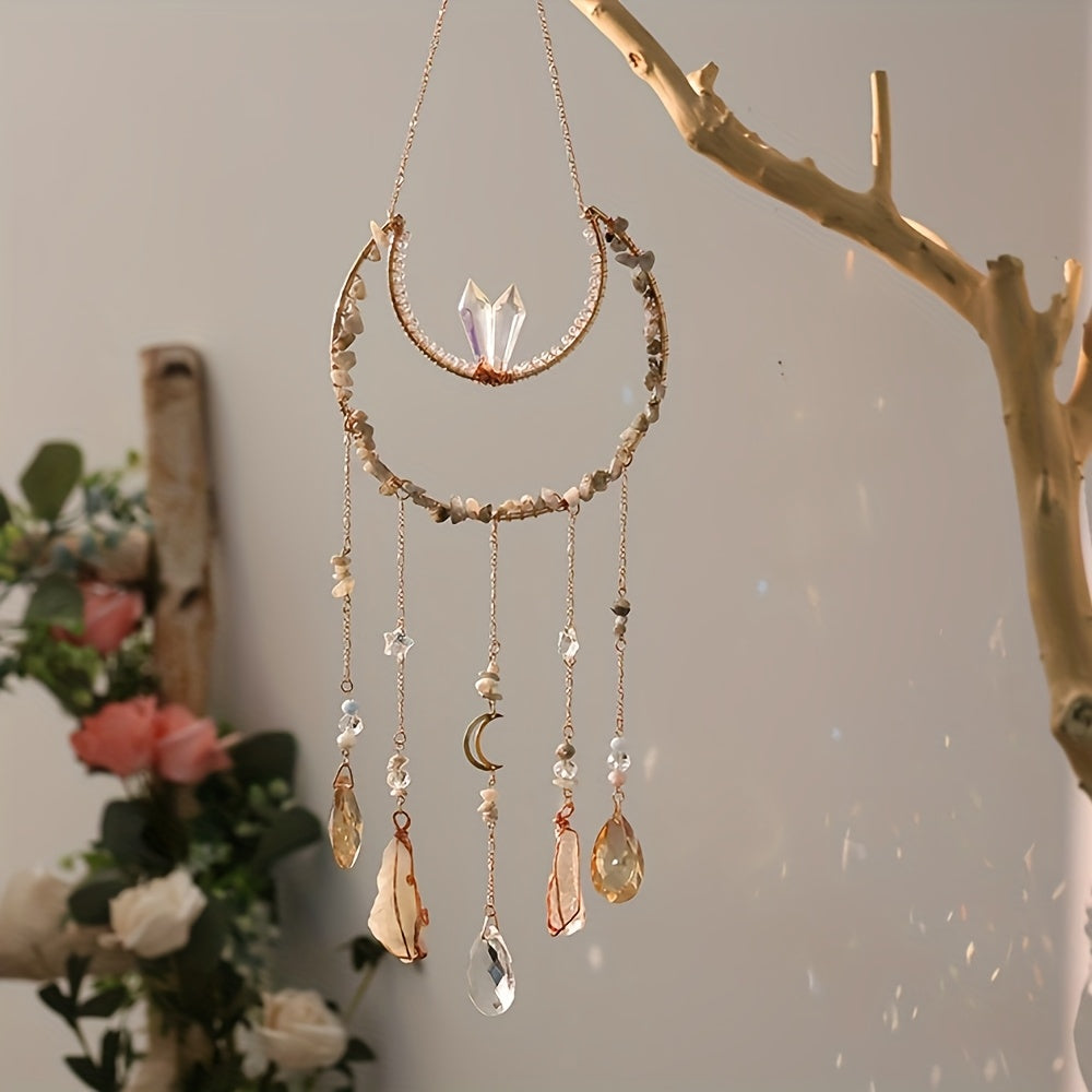 Bohemian Crystal Dream Catcher Sun Catcher Wall Hanging - Handmade Natural Crystal & Gemstone Wind Chimes with Rainbow Maker, Crescent Moon & Teardrop Pendants for Indoor/Outdoor Window Garden Decor, Christmas Wedding Birthda