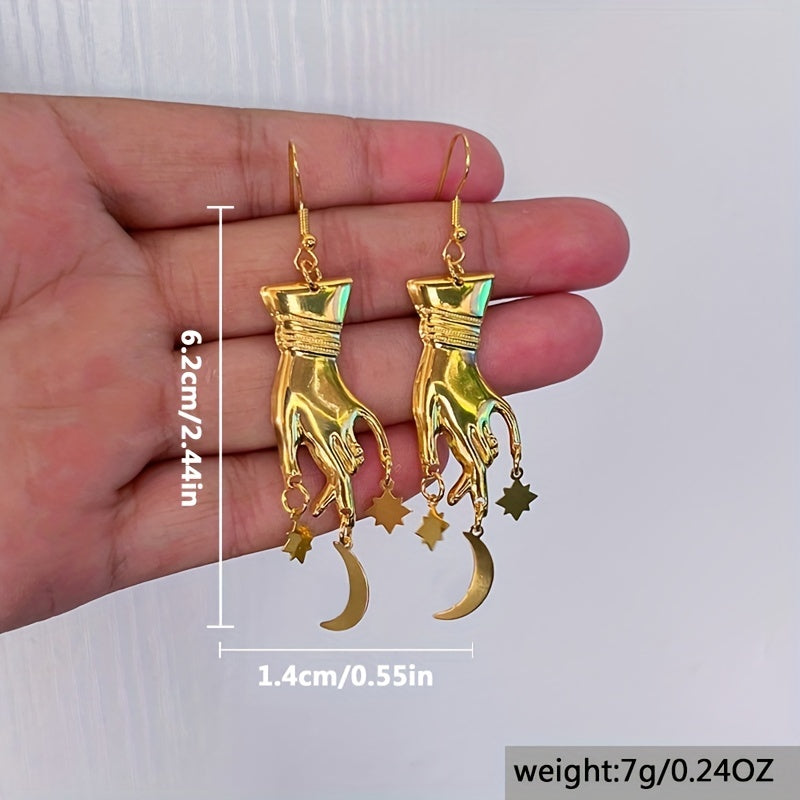 Bohemian Style Finger-Shaped Moon and Stars Pendant Earrings, Gothic Fashion Simple Party Gift, Iron Material with Iron Ear Needle, Non-Magnetic