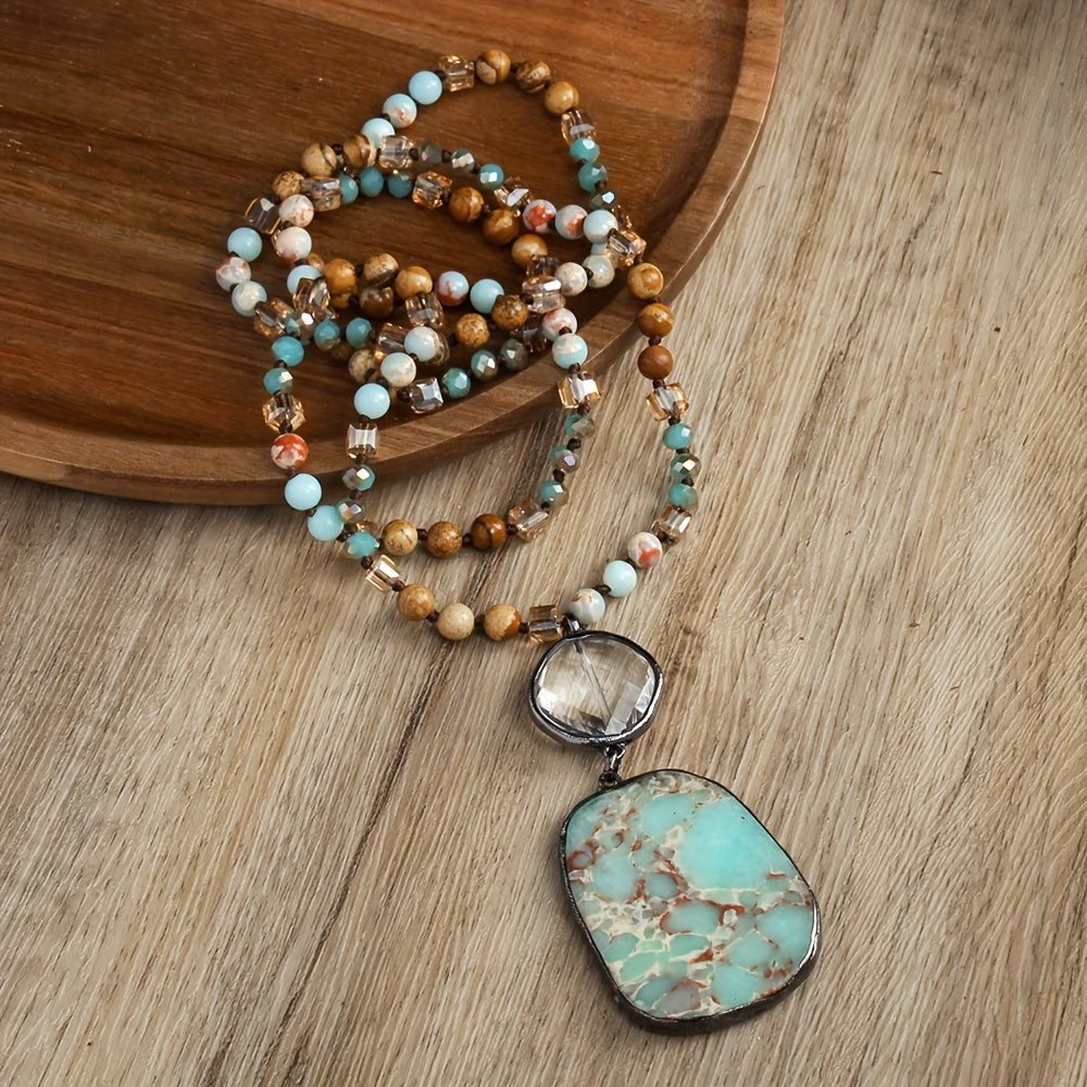 Spring Series Bohemian Vintage Style Natural Stone Crystal Glass Knot Pendant Necklace Square Natural Stone Pendant Women's Sweater Chain Necklace