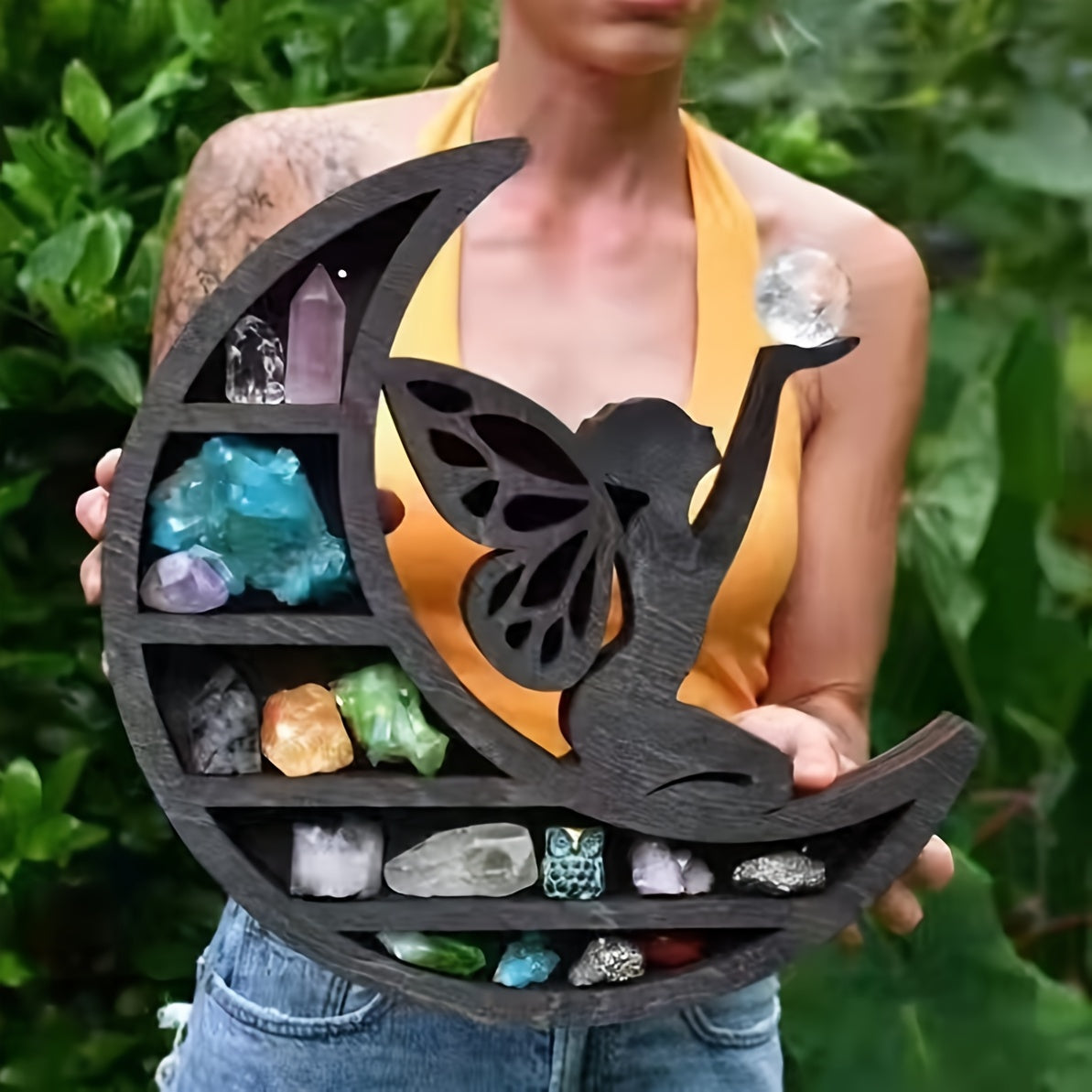 Nature-Inspired, Gothic Moon Fairy Wooden Shelf - Volcanic Stone & Perfume Display with Crystal Holder, Romantic Home Decor