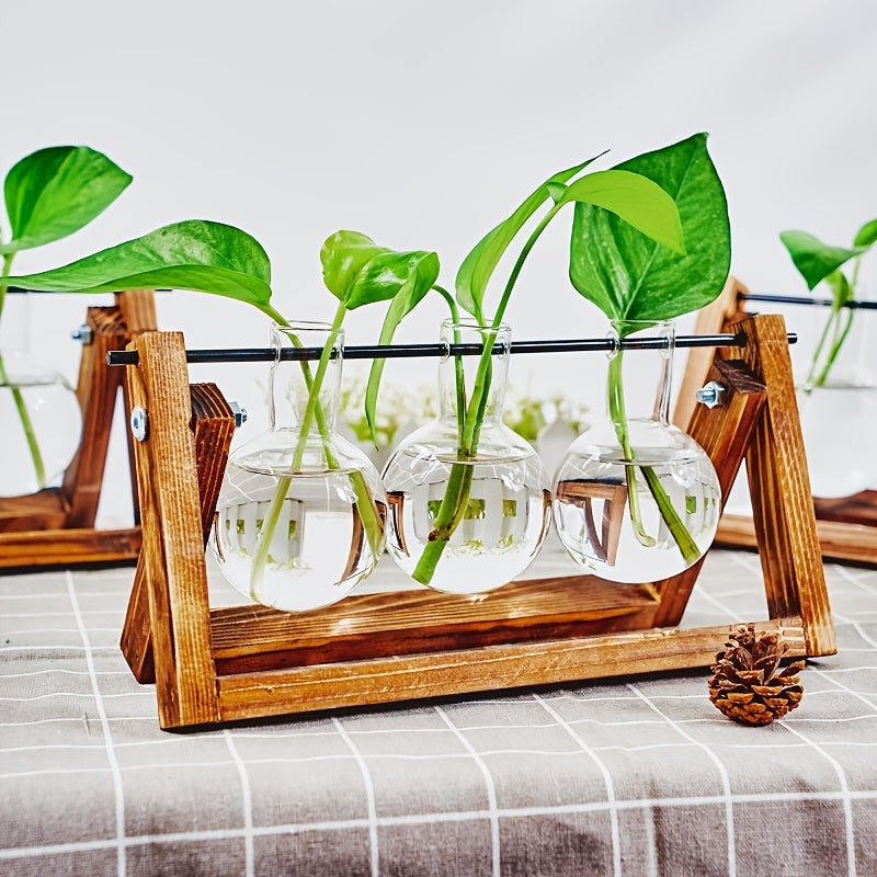 1pc Clear Glass Tabletop Planter Propagation Station in Wooden Rack Terrarium for Plants, Hydroponic Plant Vases for Office Home Decor Room Decoration