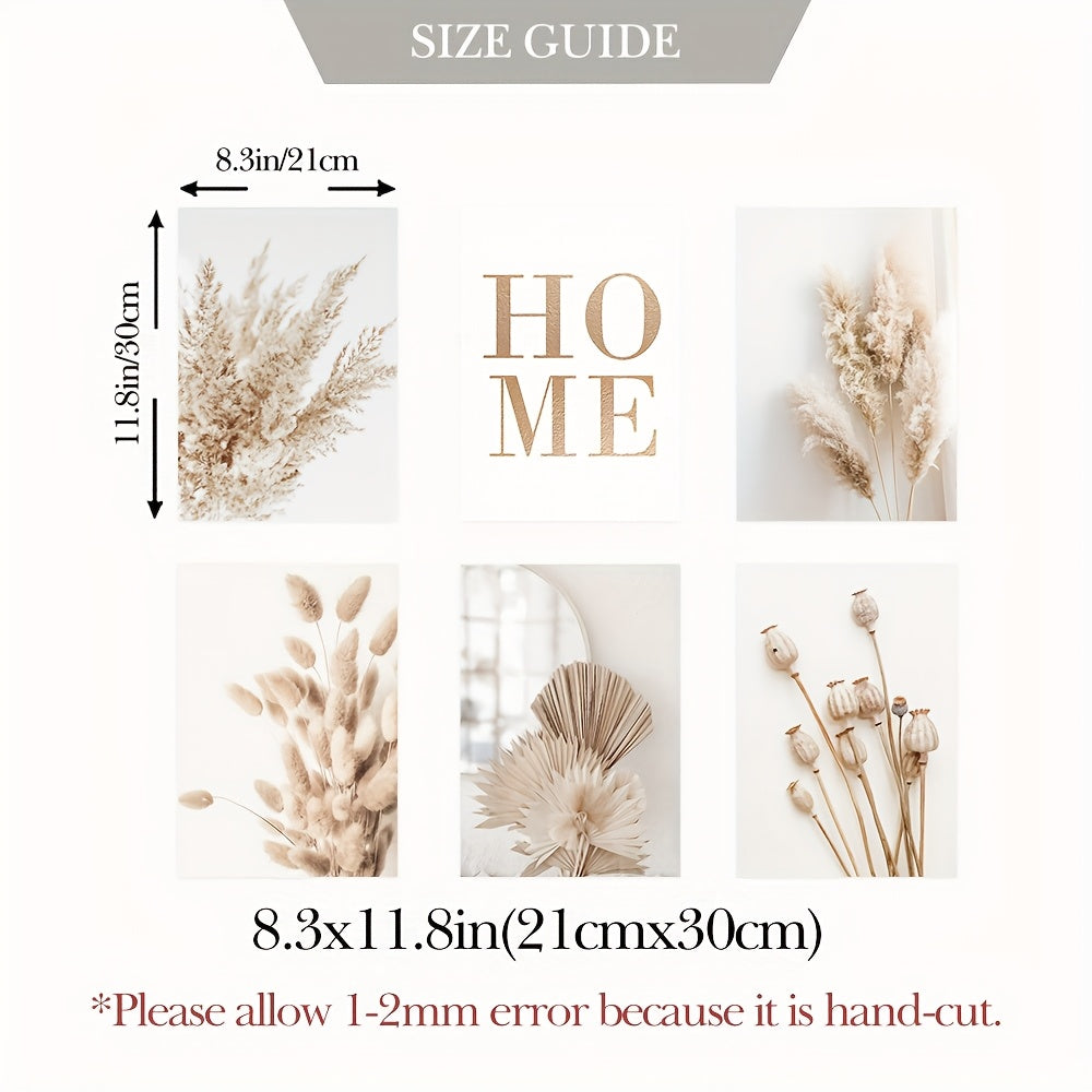 6/3pcs Beige Canvas Painting Panas Grass Poster Hay Wall Art Flames Leaf Wall Art Fan Leaf Print Plant Specimen Art Print Nordic Wall Poster Home Decor Frameless