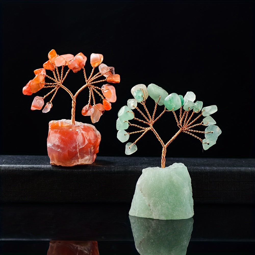 1PC Natural Gemstone Crystal Lucky Tree With Raw Stone Base, Home Office Desk Living Room Crystal Decor Mini Sized