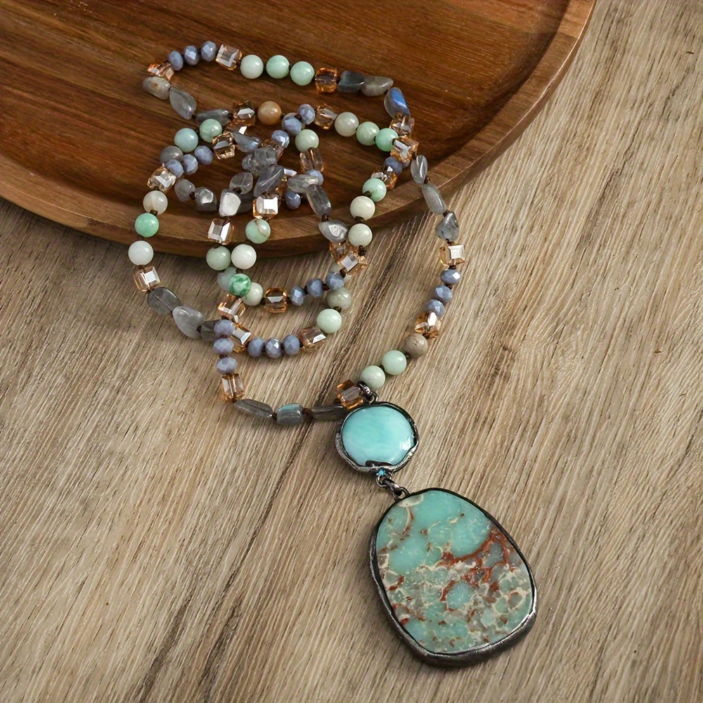 Spring Series Bohemian Vintage Style Natural Stone Crystal Glass Knot Pendant Necklace Square Natural Stone Pendant Women's Sweater Chain Necklace