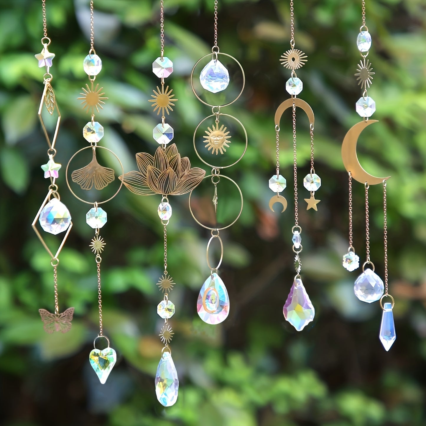 6pcs Beautiful Crystal Prism Sun Catcher - With Sun, Star, Moon, Lotus, Leaf Window Ornament and Chain - Garden Rainbow Maker Hanging Wind Chimes for Wedding, Party, Brass Div Jewelry