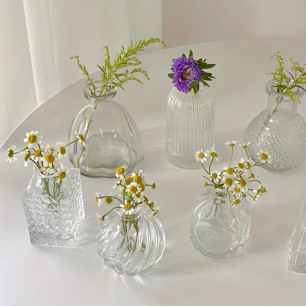 7pcs Glass Vase Set, Retro Transparent Glass Bud Vase, Crystal Mini Flower Decorative Vase, Antique Decorative Small Opening Short Vase, Multi-Countryside Aesthetic Wedding Table Center