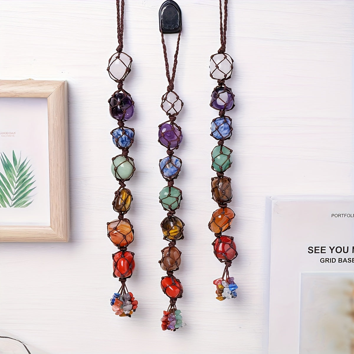 1pc Natural Crystal Chakra Tumbled Stone Pendant Car Hanger Polished Crystal Home Feng Shui Hanging Jewelry New Year Valentine'S Day Father'S Day Holiday Gift