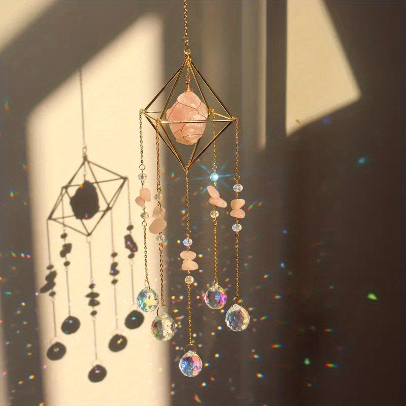 1pc Elegant Metal Sun Catcher with Natural Raw Stones, Crystal Prism Rainbow Maker Pendant for Wedding Decor, Indoor Window Room Garden Yard Ornament