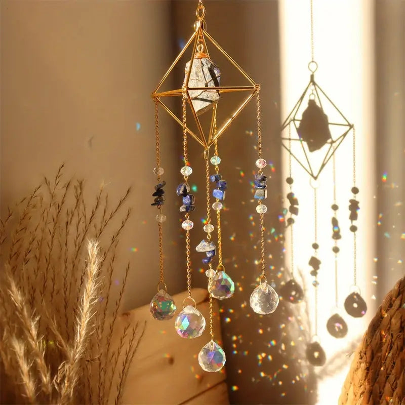 1pc Elegant Metal Sun Catcher with Natural Raw Stones, Crystal Prism Rainbow Maker Pendant for Wedding Decor, Indoor Window Room Garden Yard Ornament