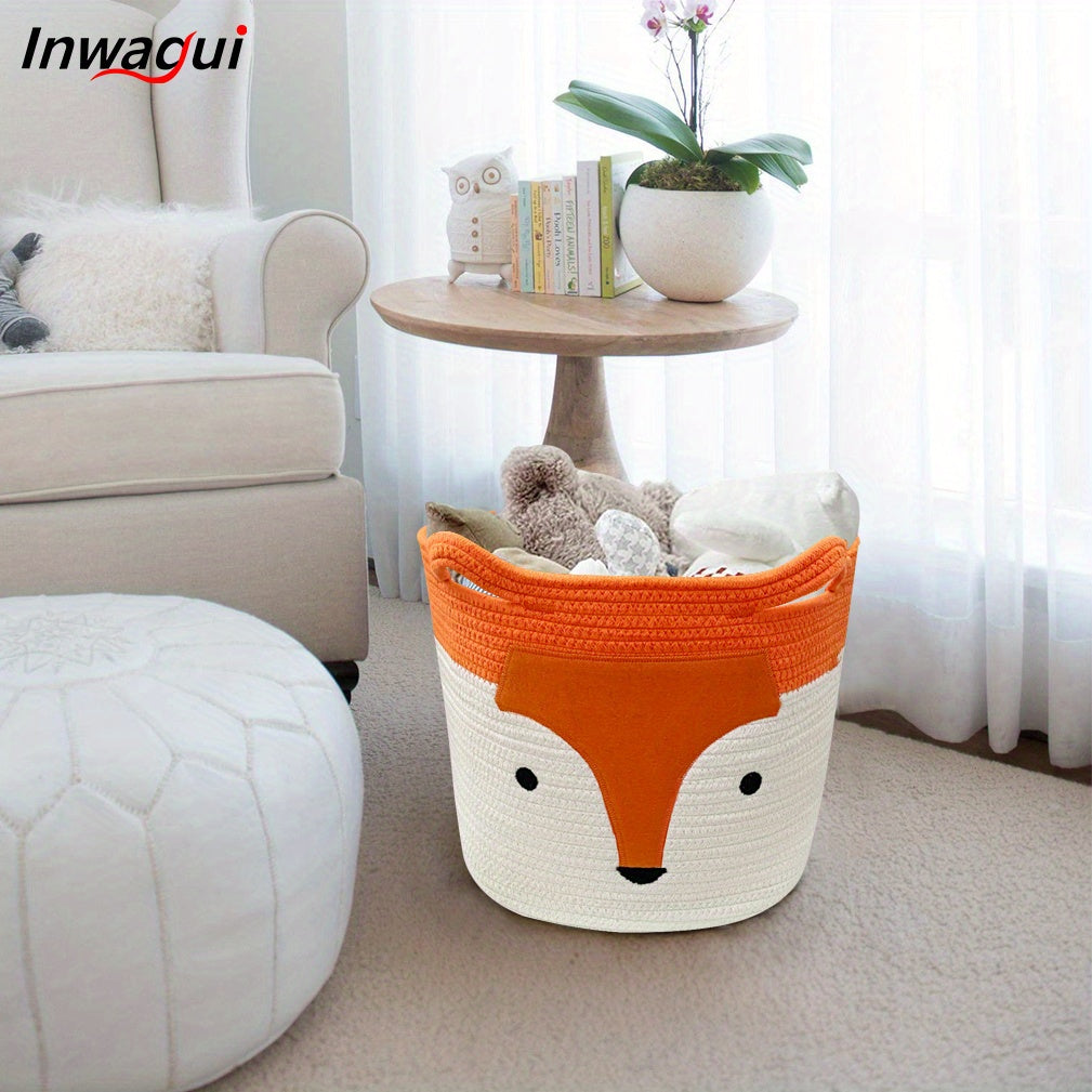Rope Basket, Large Woven Storage Basket, Baby Toy Basket, Nursery Blanket Laundry Hamper with Handles for Kids, Clothes, Home Decor, Cute Fox 35X30X28Cm/13.78X11.81X11.02Inch, Orange, Laundry Baskets