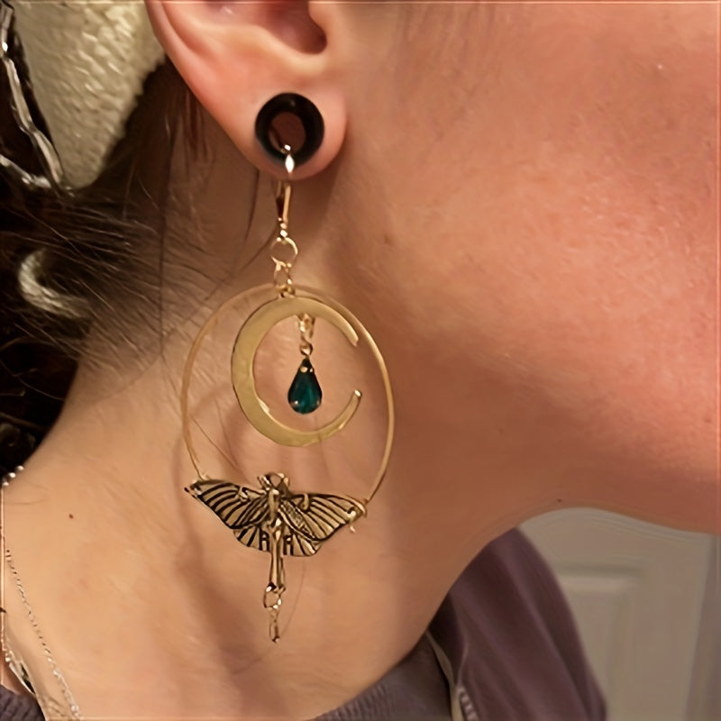 Hollow Circle With Moon Moth Decor Golden Dangle Earrings Retro Bohemian Style Alloy 18K Gold Plated Jewelry Trendy Female Gift