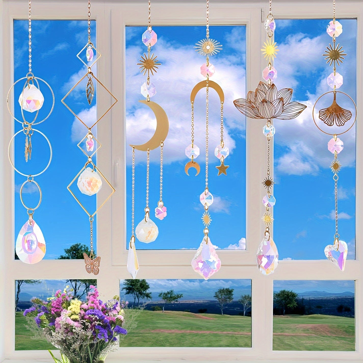 6pcs Beautiful Crystal Prism Sun Catcher - With Sun, Star, Moon, Lotus, Leaf Window Ornament and Chain - Garden Rainbow Maker Hanging Wind Chimes for Wedding, Party, Brass Div Jewelry