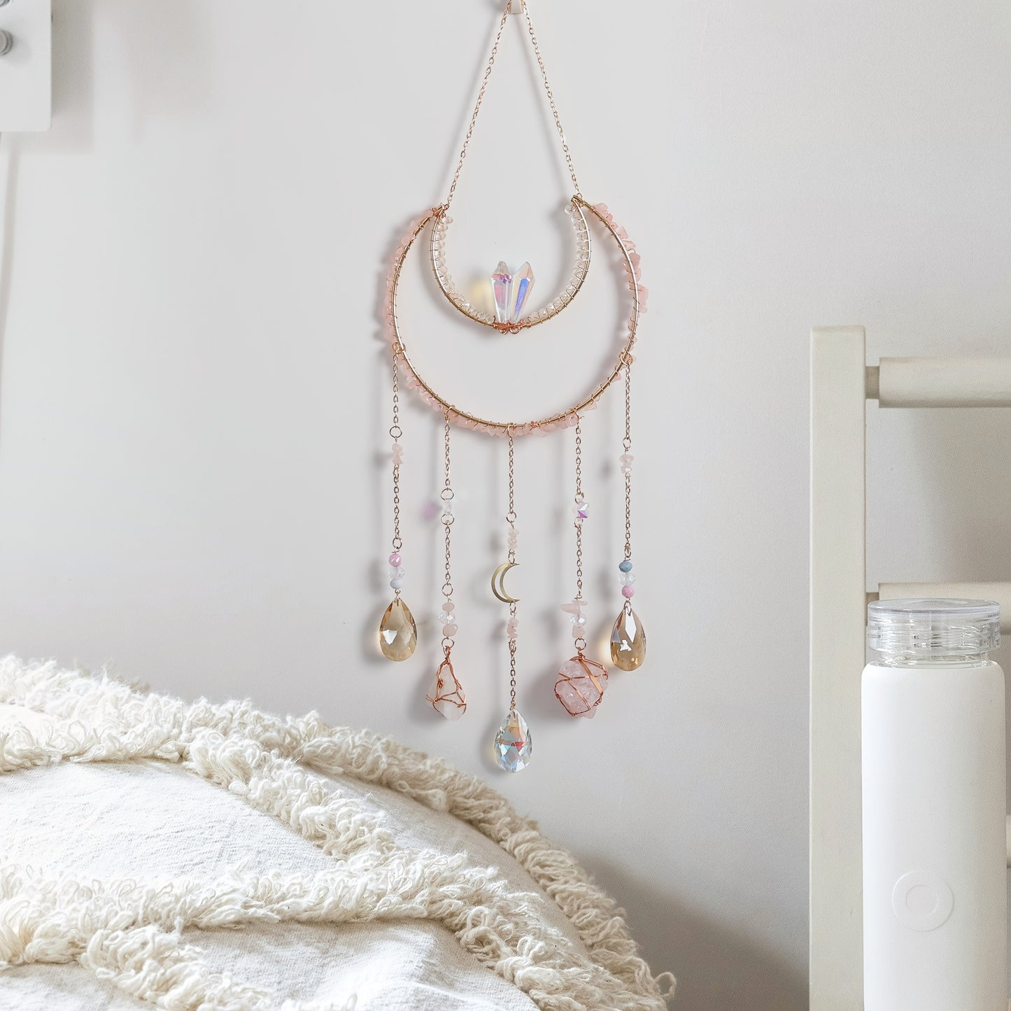 Bohemian Crystal Dream Catcher Sun Catcher Wall Hanging - Handmade Natural Crystal & Gemstone Wind Chimes with Rainbow Maker, Crescent Moon & Teardrop Pendants for Indoor/Outdoor Window Garden Decor, Christmas Wedding Birthda