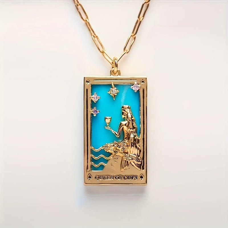 1pc Vintage Tarot Necklace with Sun Moon Heart World Card Pendants - Golden-Tone -Coated Astrology Symbols, Elegant Celestial Jewelry for Women, Casual Attire & Gift Idea, Zodiac Jewelry, Intricate Detailing, Bead Chain