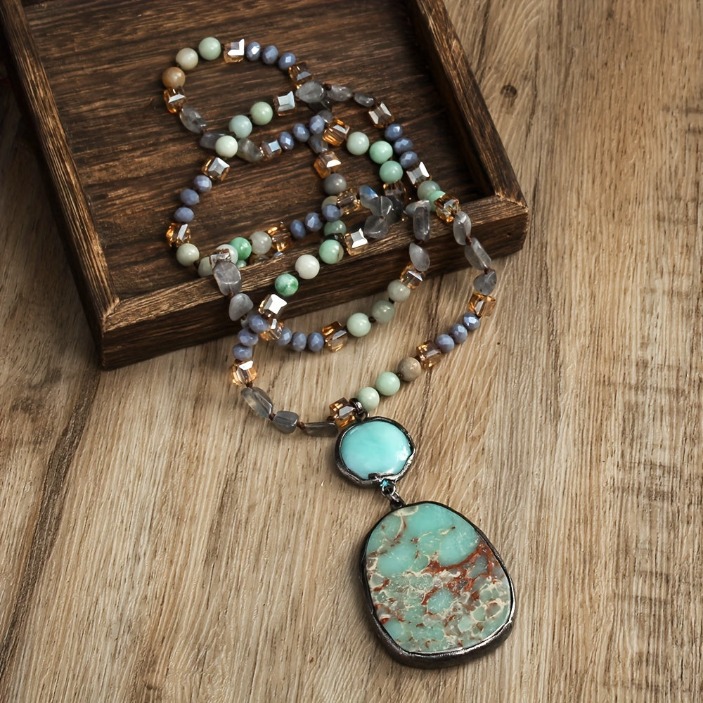 Spring Series Bohemian Vintage Style Natural Stone Crystal Glass Knot Pendant Necklace Square Natural Stone Pendant Women's Sweater Chain Necklace