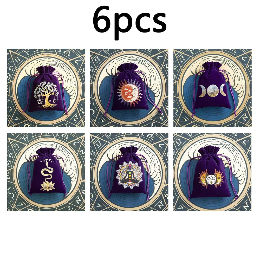 6pcs Velvet Moon Sun Tarot Storage Bag Board Game Cards Embroidery Drawstring Package Witchcraft Supplies for Altar Tarot Pouch