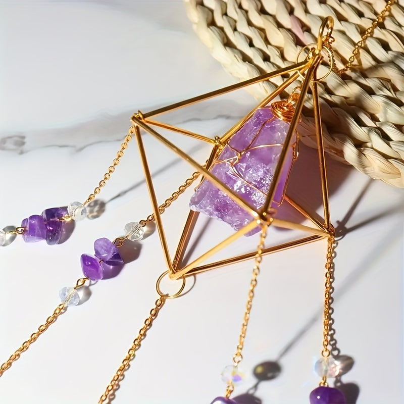 1pc Elegant Metal Sun Catcher with Natural Raw Stones, Crystal Prism Rainbow Maker Pendant for Wedding Decor, Indoor Window Room Garden Yard Ornament