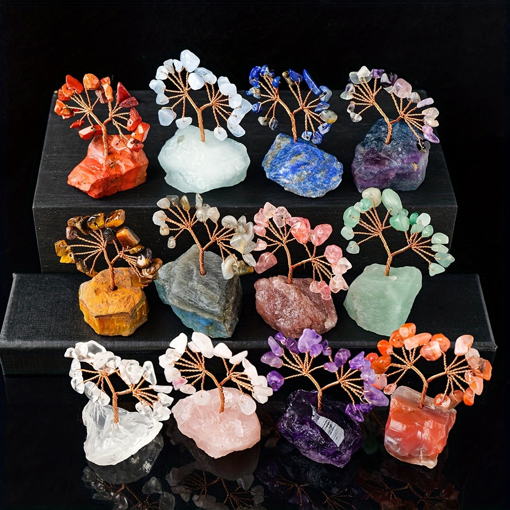 1PC Natural Gemstone Crystal Lucky Tree With Raw Stone Base, Home Office Desk Living Room Crystal Decor Mini Sized