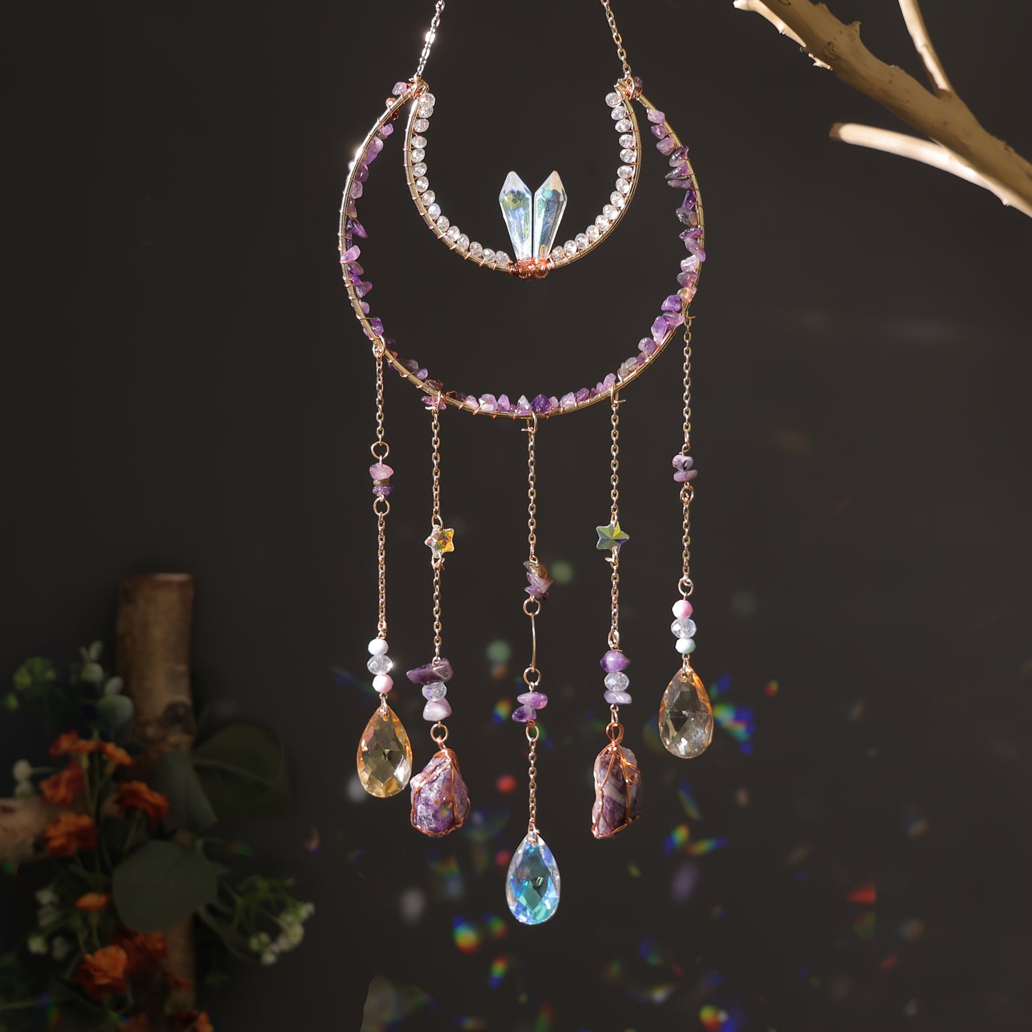 Bohemian Crystal Dream Catcher Sun Catcher Wall Hanging - Handmade Natural Crystal & Gemstone Wind Chimes with Rainbow Maker, Crescent Moon & Teardrop Pendants for Indoor/Outdoor Window Garden Decor, Christmas Wedding Birthda