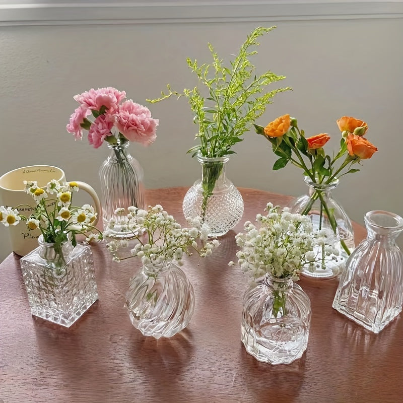 7pcs Glass Vase Set, Retro Transparent Glass Bud Vase, Crystal Mini Flower Decorative Vase, Antique Decorative Small Opening Short Vase, Multi-Countryside Aesthetic Wedding Table Center