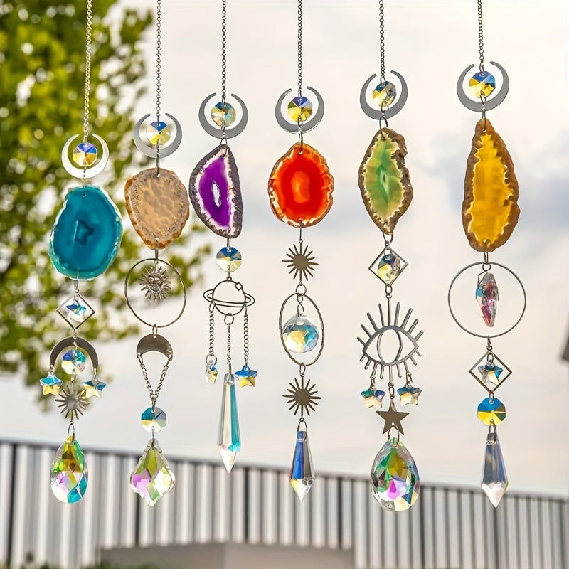 6pcs Crystal Suncatcher, Sun Catcher for Indoor Window Hanging with Crystal, Prism and Agate Slices, Light Catcher for Indoor and Outdoor Home Garden Wedding Decoration