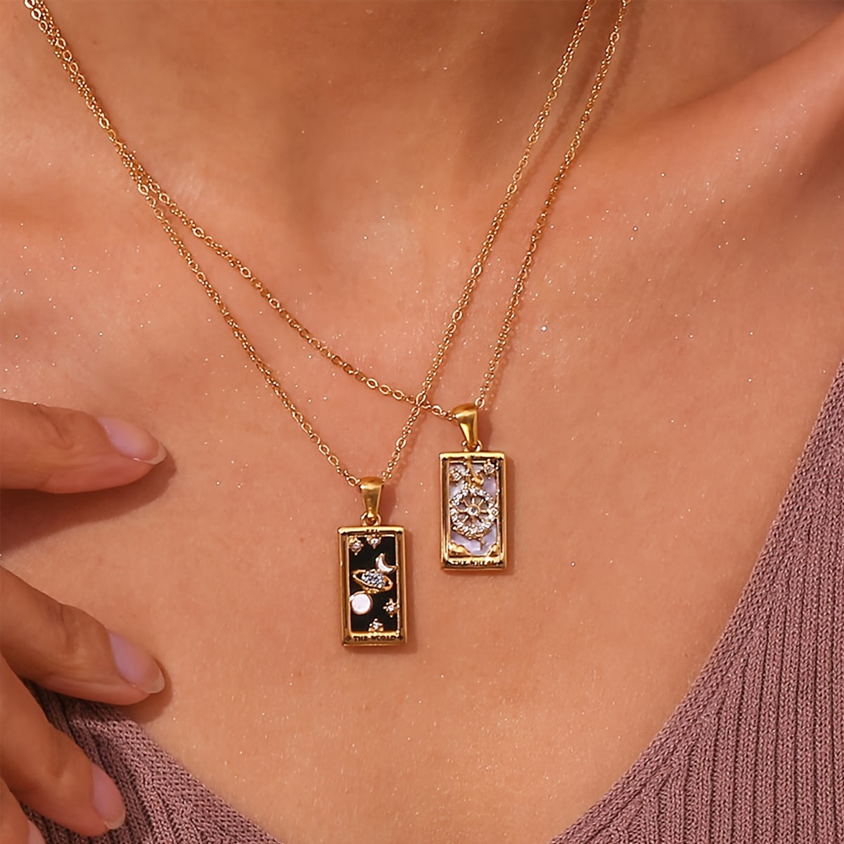 1pc Vintage Tarot Necklace with Sun Moon Heart World Card Pendants - Golden-Tone -Coated Astrology Symbols, Elegant Celestial Jewelry for Women, Casual Attire & Gift Idea, Zodiac Jewelry, Intricate Detailing, Bead Chain