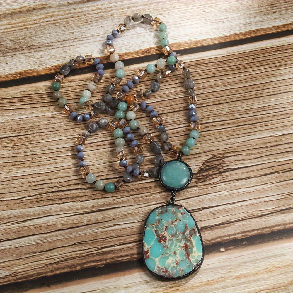 Spring Series Bohemian Vintage Style Natural Stone Crystal Glass Knot Pendant Necklace Square Natural Stone Pendant Women's Sweater Chain Necklace