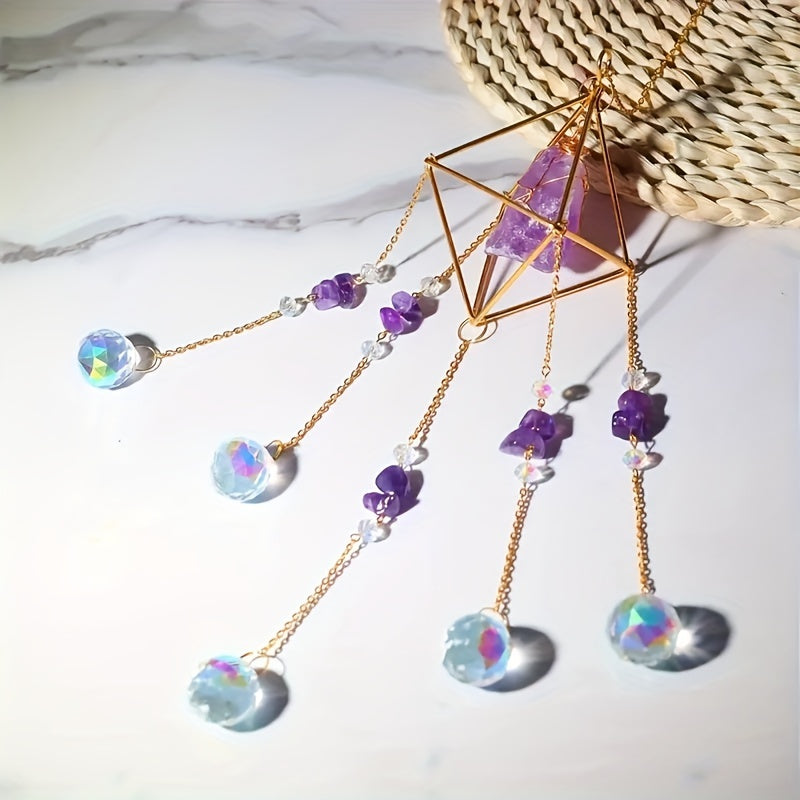 1pc Elegant Metal Sun Catcher with Natural Raw Stones, Crystal Prism Rainbow Maker Pendant for Wedding Decor, Indoor Window Room Garden Yard Ornament