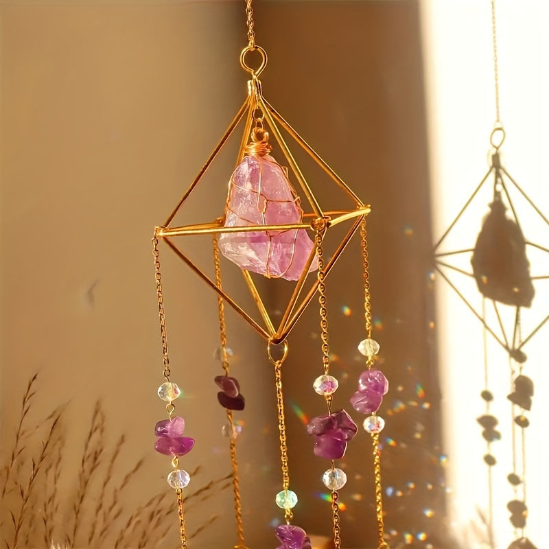1pc Elegant Metal Sun Catcher with Natural Raw Stones, Crystal Prism Rainbow Maker Pendant for Wedding Decor, Indoor Window Room Garden Yard Ornament
