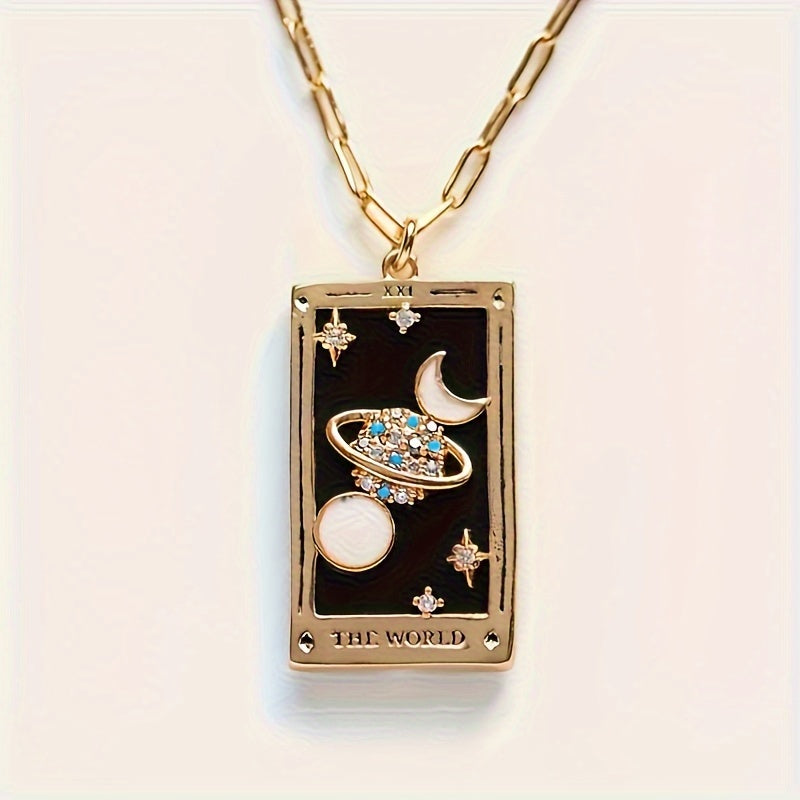 1pc Vintage Tarot Necklace with Sun Moon Heart World Card Pendants - Golden-Tone -Coated Astrology Symbols, Elegant Celestial Jewelry for Women, Casual Attire & Gift Idea, Zodiac Jewelry, Intricate Detailing, Bead Chain