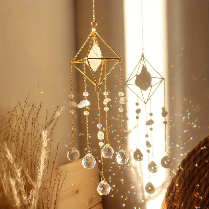 1pc Elegant Metal Sun Catcher with Natural Raw Stones, Crystal Prism Rainbow Maker Pendant for Wedding Decor, Indoor Window Room Garden Yard Ornament