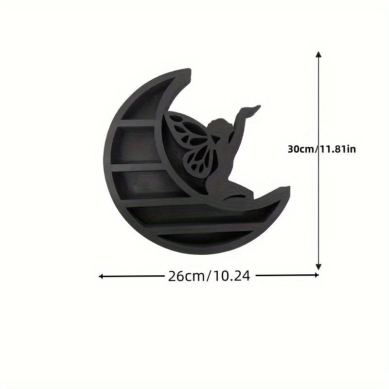 Nature-Inspired, Gothic Moon Fairy Wooden Shelf - Volcanic Stone & Perfume Display with Crystal Holder, Romantic Home Decor