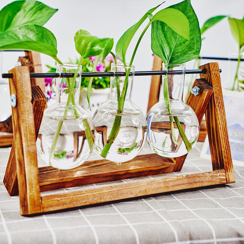 1pc Clear Glass Tabletop Planter Propagation Station in Wooden Rack Terrarium for Plants, Hydroponic Plant Vases for Office Home Decor Room Decoration