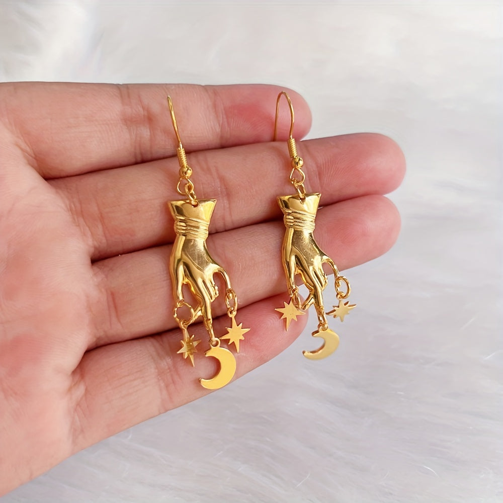 Bohemian Style Finger-Shaped Moon and Stars Pendant Earrings, Gothic Fashion Simple Party Gift, Iron Material with Iron Ear Needle, Non-Magnetic