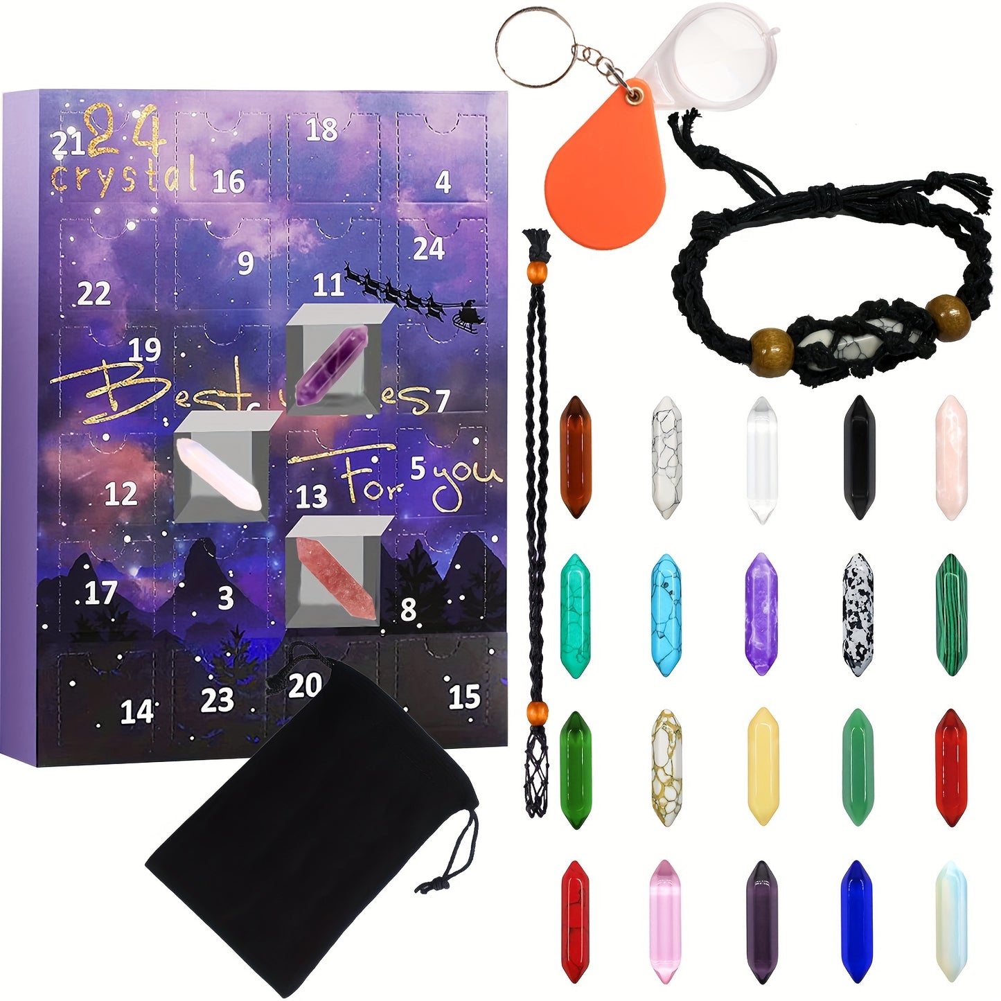 Advent Calendar 2023-24 Days of Crystals and Stones Kit with Crystal Necklace Holder, Magnifier, and Storage Bag - Christmas Countdown Gifts for Girls Boys Kids Adults and Teenagers