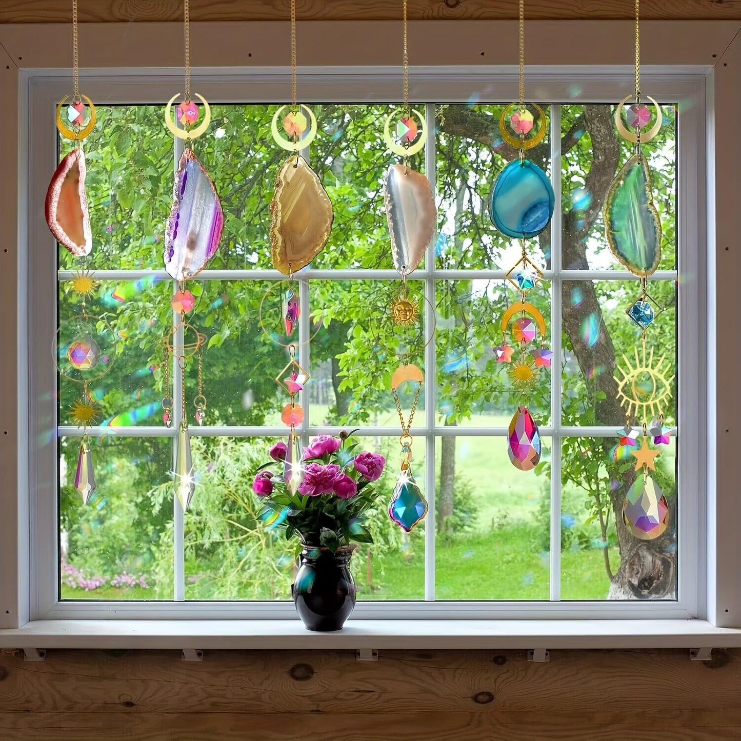 6pcs Crystal Suncatcher, Sun Catcher for Indoor Window Hanging with Crystal, Prism and Agate Slices, Light Catcher for Indoor and Outdoor Home Garden Wedding Decoration