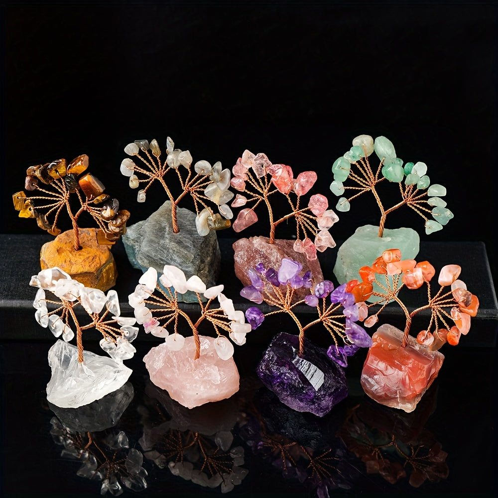 1PC Natural Gemstone Crystal Lucky Tree With Raw Stone Base, Home Office Desk Living Room Crystal Decor Mini Sized